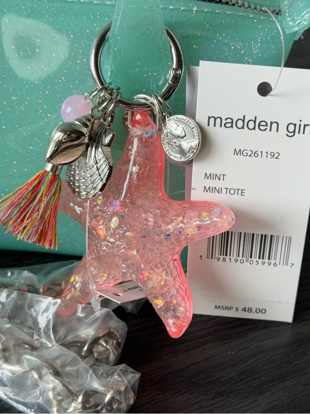 Madden girl Jelly mini Tote Bag star fish pear sea shell glitter crossbody mint - Picture 3 of 5